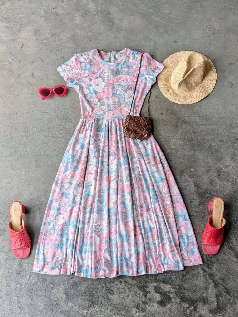 Vintage 90s Expo Pink Green Tan Floral Fit and Flare Midi Dress with Pockets